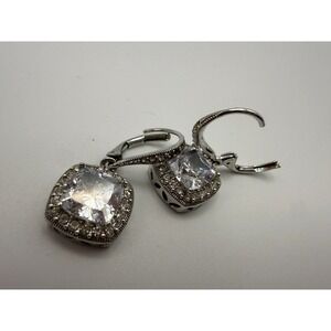 Cushion-Cut Dangle Halo Silver toned Leverback Earrings with cubic Zirconia